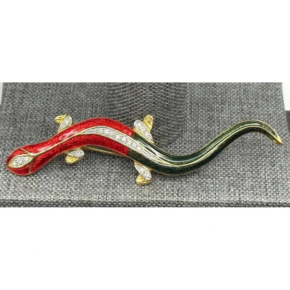 Vintage Red Green Enamel Rhinestone Crystal Lizard Salamander Brooch Pin
